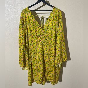 Anthropologie Yellow Floral Romper  with Pink and Green Details